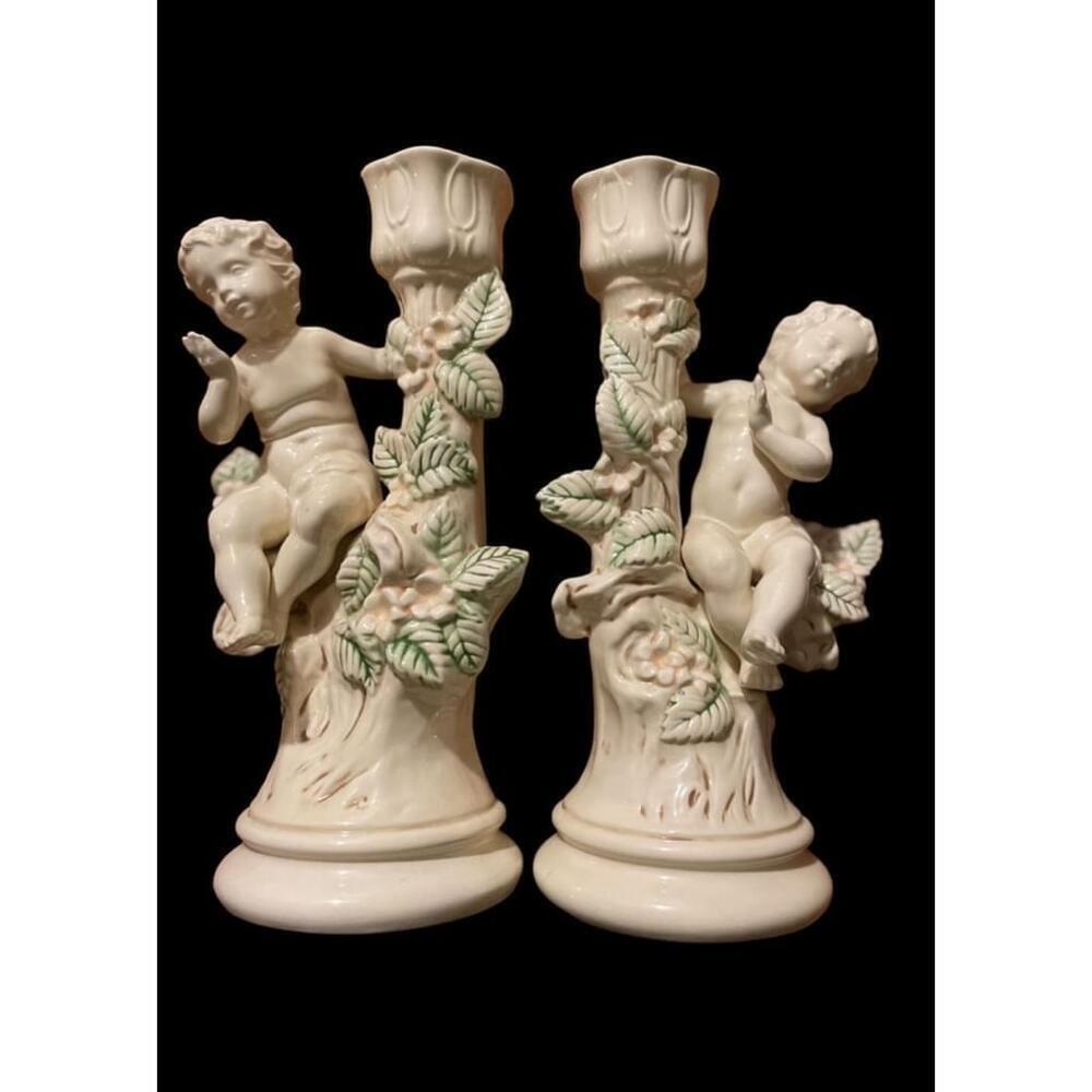 10.5” Holland Mold Vintage Pair of Victorian Ceramic Cherub Candle Holders